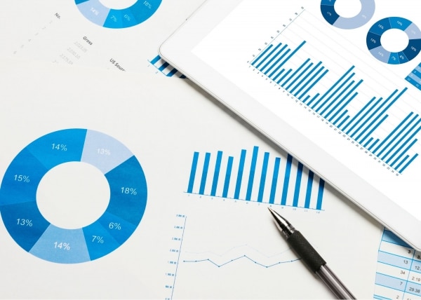 Image of graphs and charts on table. 