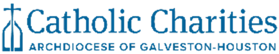 Logo for Catholic Charities of the Archdiocese of Galveston–Houston, featuring a blue stylized cross and church‑window design to the left of the organization’s name in blue text.